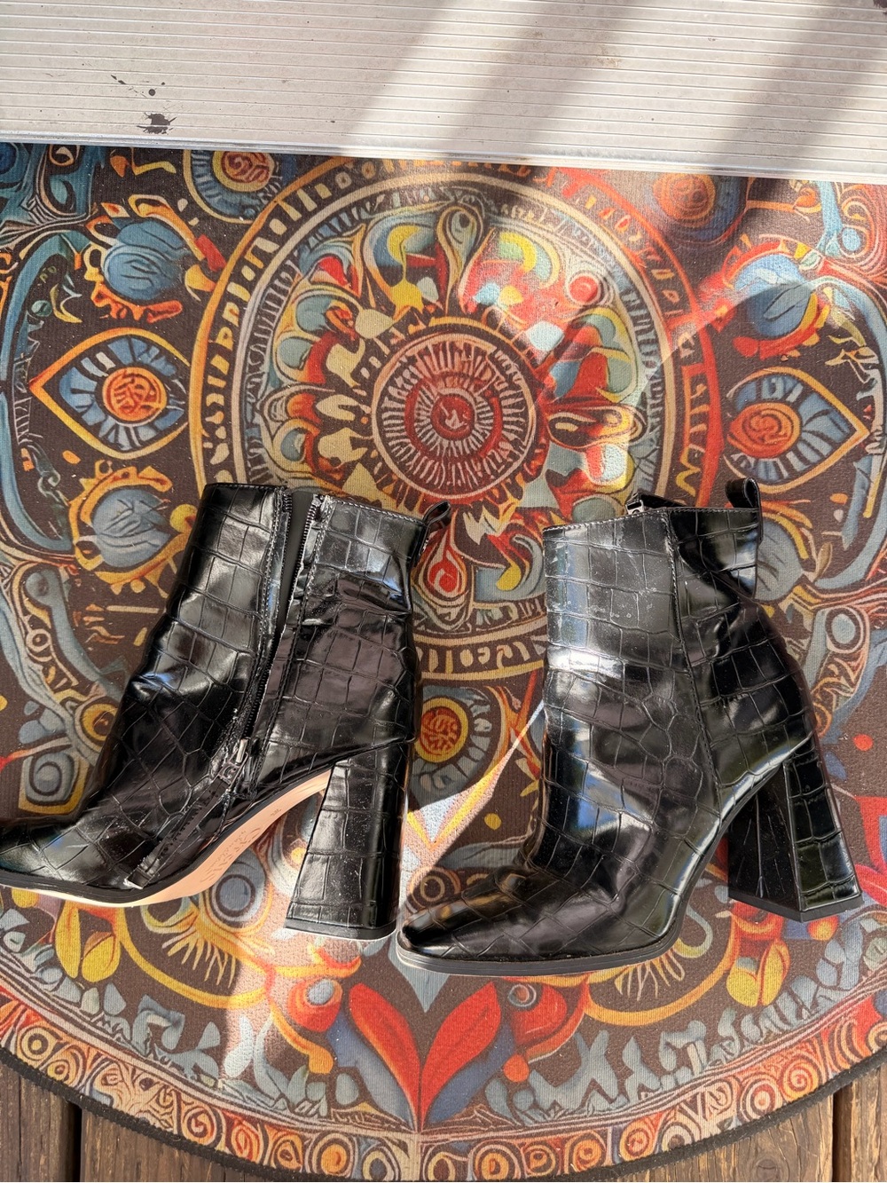 Circus by Sam Edelman Black Croc-Embossed Block Heel Ankle Boots